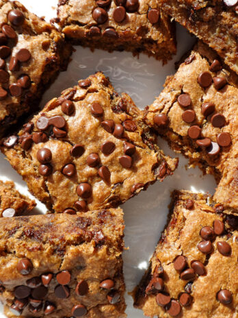 overhead shot soft and moist vegan chocolate chip banana bars with mini chocolate chips