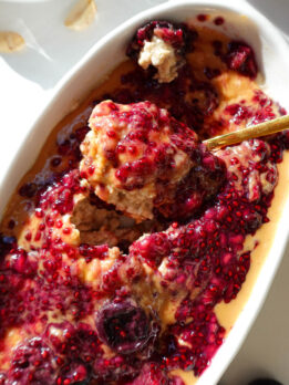 Close-up of peanut butter and jelly overnight oats with creamy texture