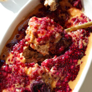 Close-up of peanut butter and jelly overnight oats with creamy texture