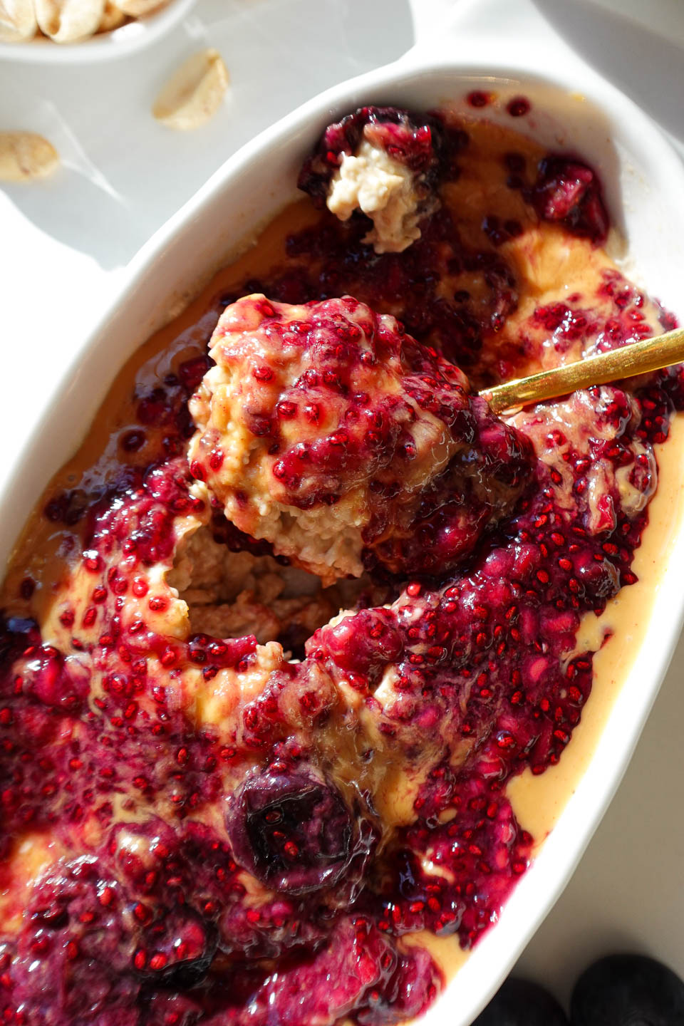 Close-up of peanut butter & jelly overnight oats with creamy texture