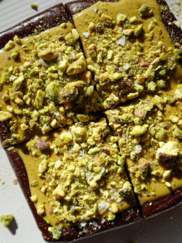 Small batch no bake pistachio brownies sliced into squares