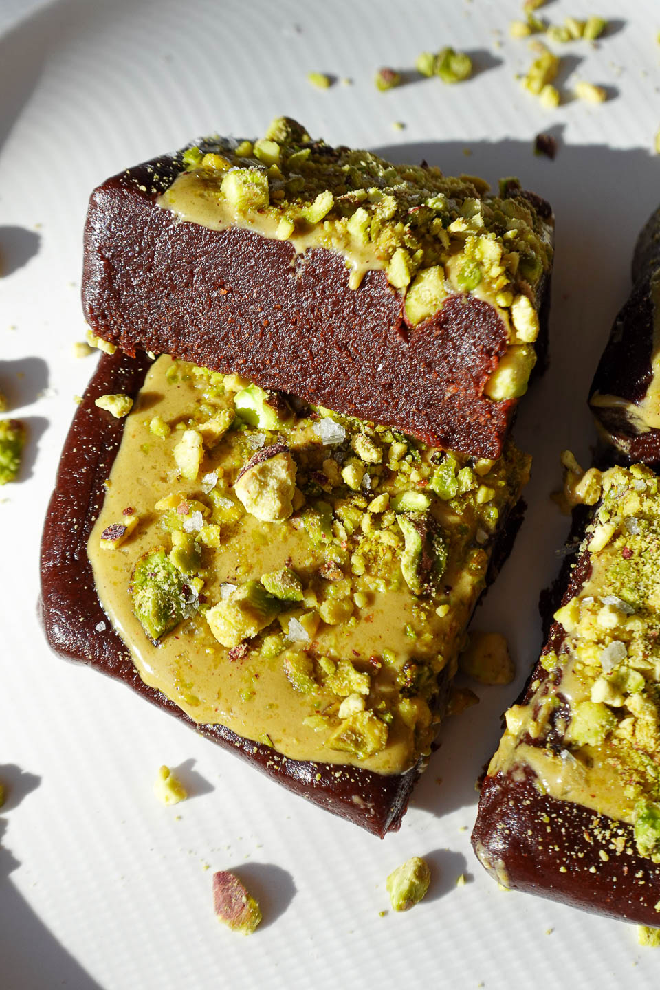 Close-up of fudgy no bake pistachio brownies