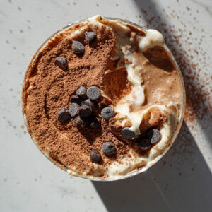 overhead shot of tiramisu overnight oats topped with yogurt, cocoa powder, and mini chocolate chips