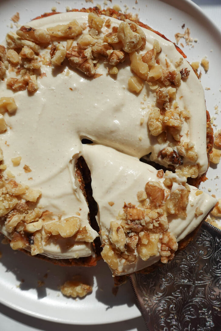 Overhead view of no bake carrot cake with cream cheese frosting