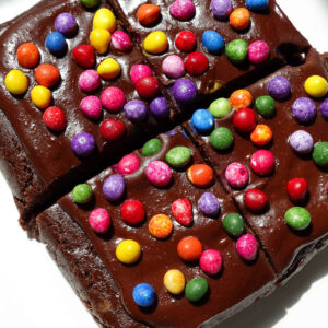 No bake cosmic brownie sliced into 4 pieces.