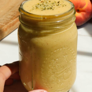 Thick and creamy peach mango smoothie.