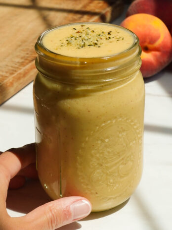 Thick and creamy peach mango smoothie.